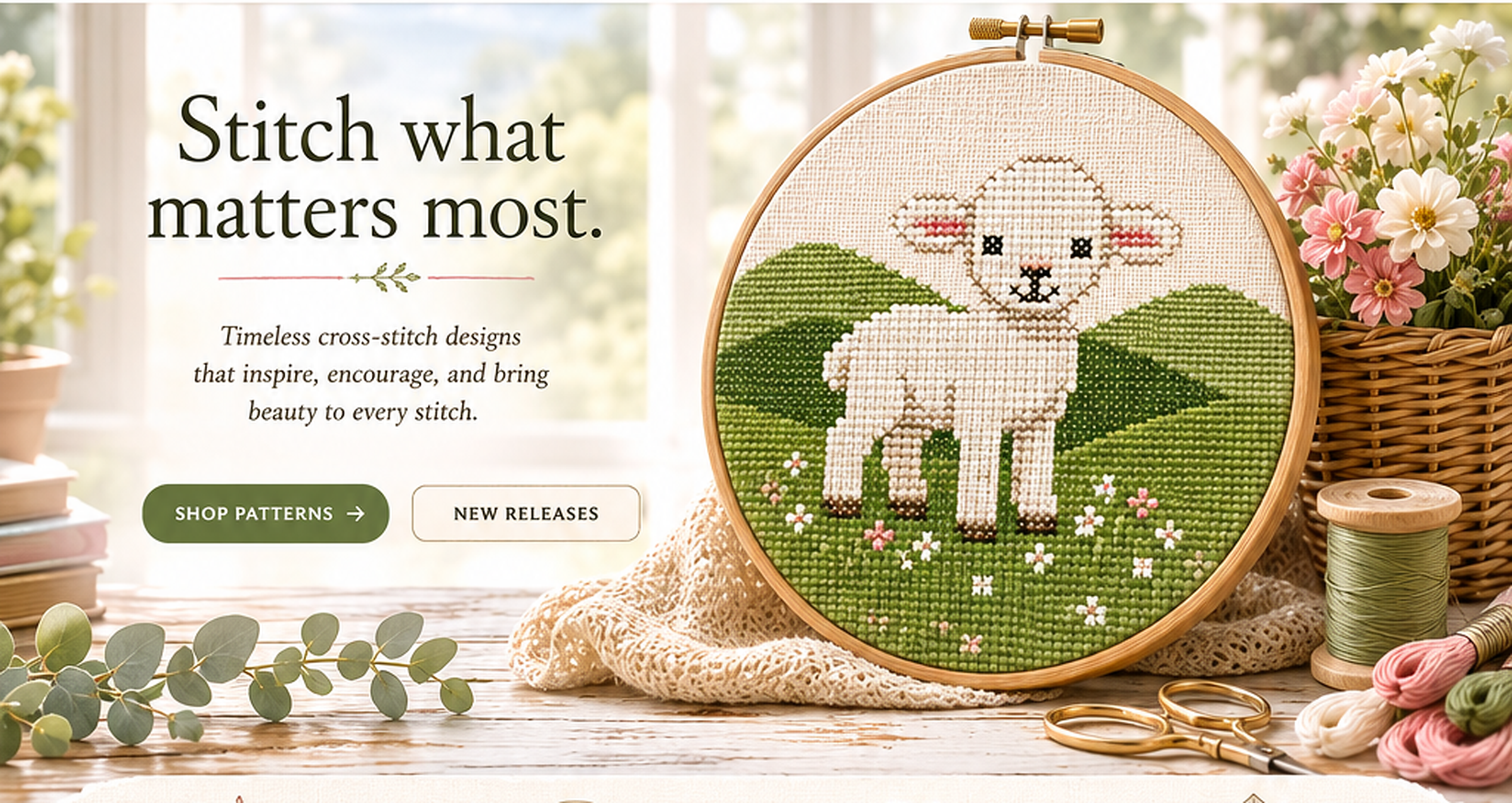 A bright cottage-style cross-stitch shop hero scene with the words Stitch what matters most, shop buttons, a lamb cross-stitch in a wooden hoop, flowers, thread, scissors, and soft window light.