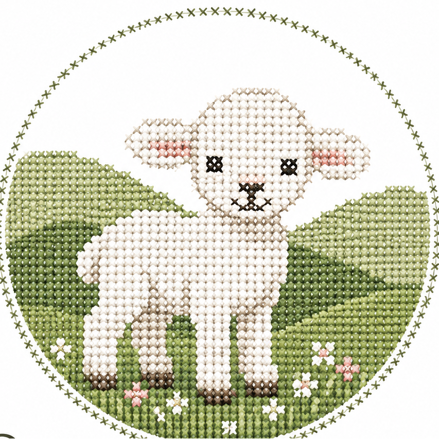 White cross-stitched lamb on green hills