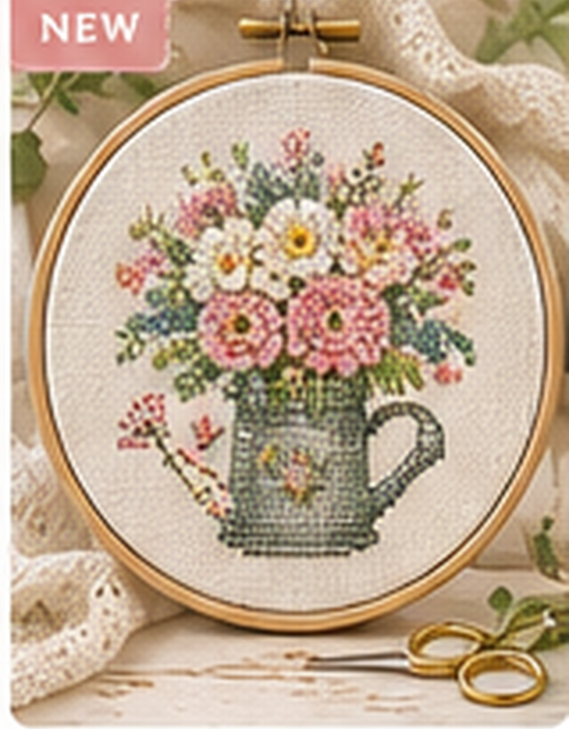 Garden mug floral cross-stitch pattern